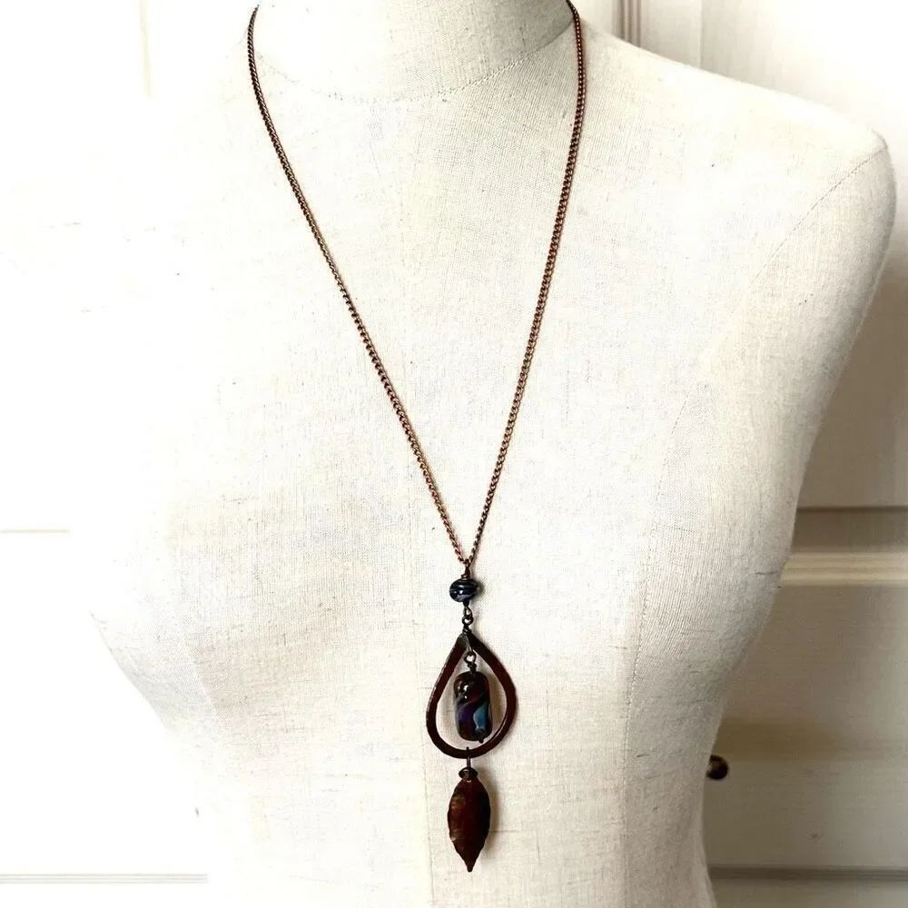 Long copper glass beaded pendant necklace